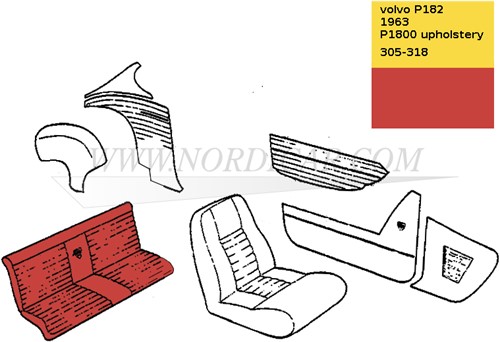 Rücksitzpolsterung Rot Satz, Sitz und Rücken Volvo  P1800 1963 code 305-218 277304