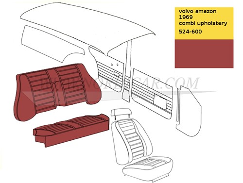 Achterbank Bekleding set Rood Zitting + Rugleuning Volvo Amazon combi 1969 code 524-600 692901