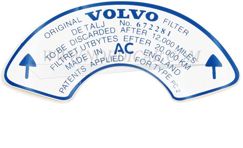 Luftfilter Aufkleber 672281 Volvo 544 Amazon P1800 140 B18B B18D B20B/D STICK187
